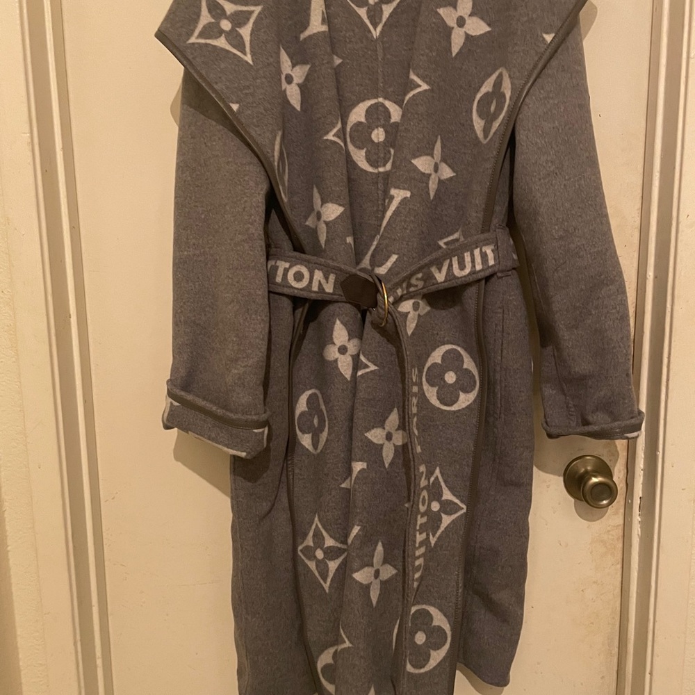 Reversible monogram wrap coat
